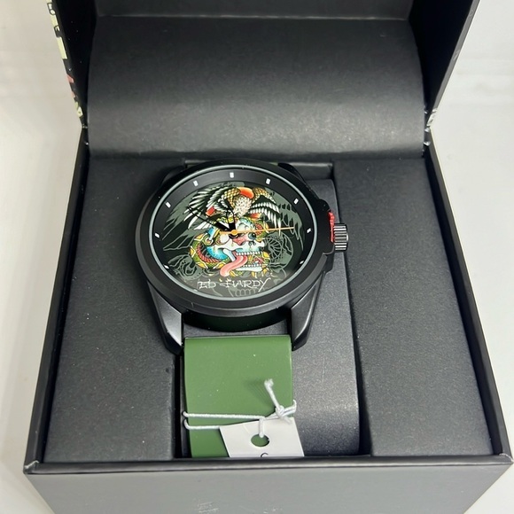 Ed Hardy Men’s Skull Print Dial Matte Olive Silicone Strap Analog Watch …